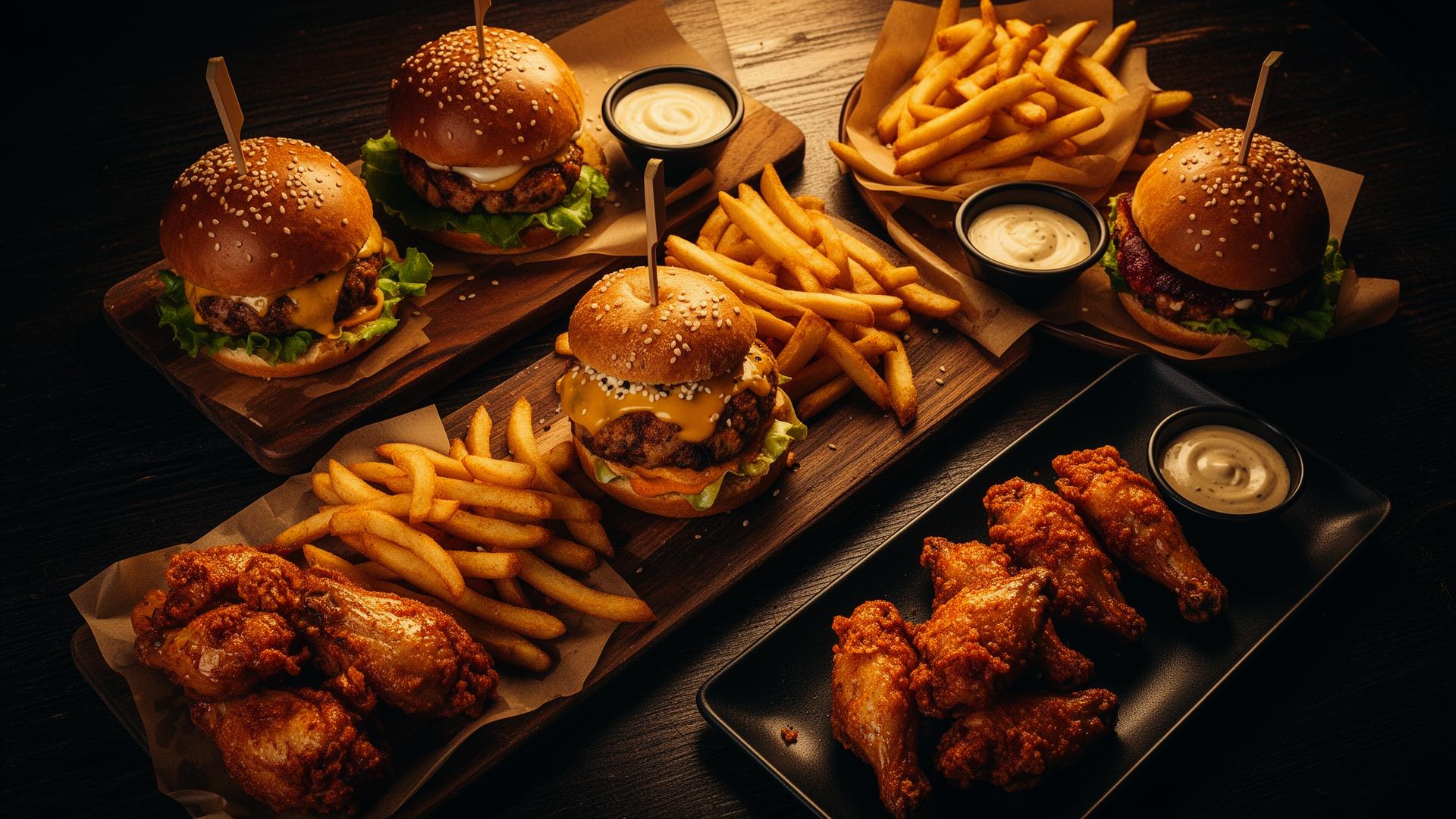 Stacked Kitchen signature spread of smash burgers, loaded fries and crispy wings