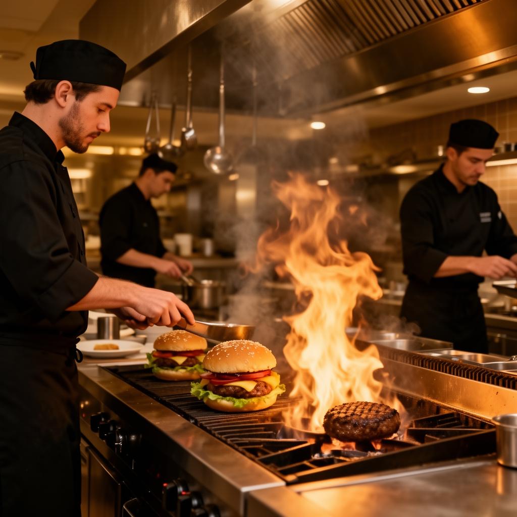 Stacked Kitchen chefs flame-grilling fresh burgers